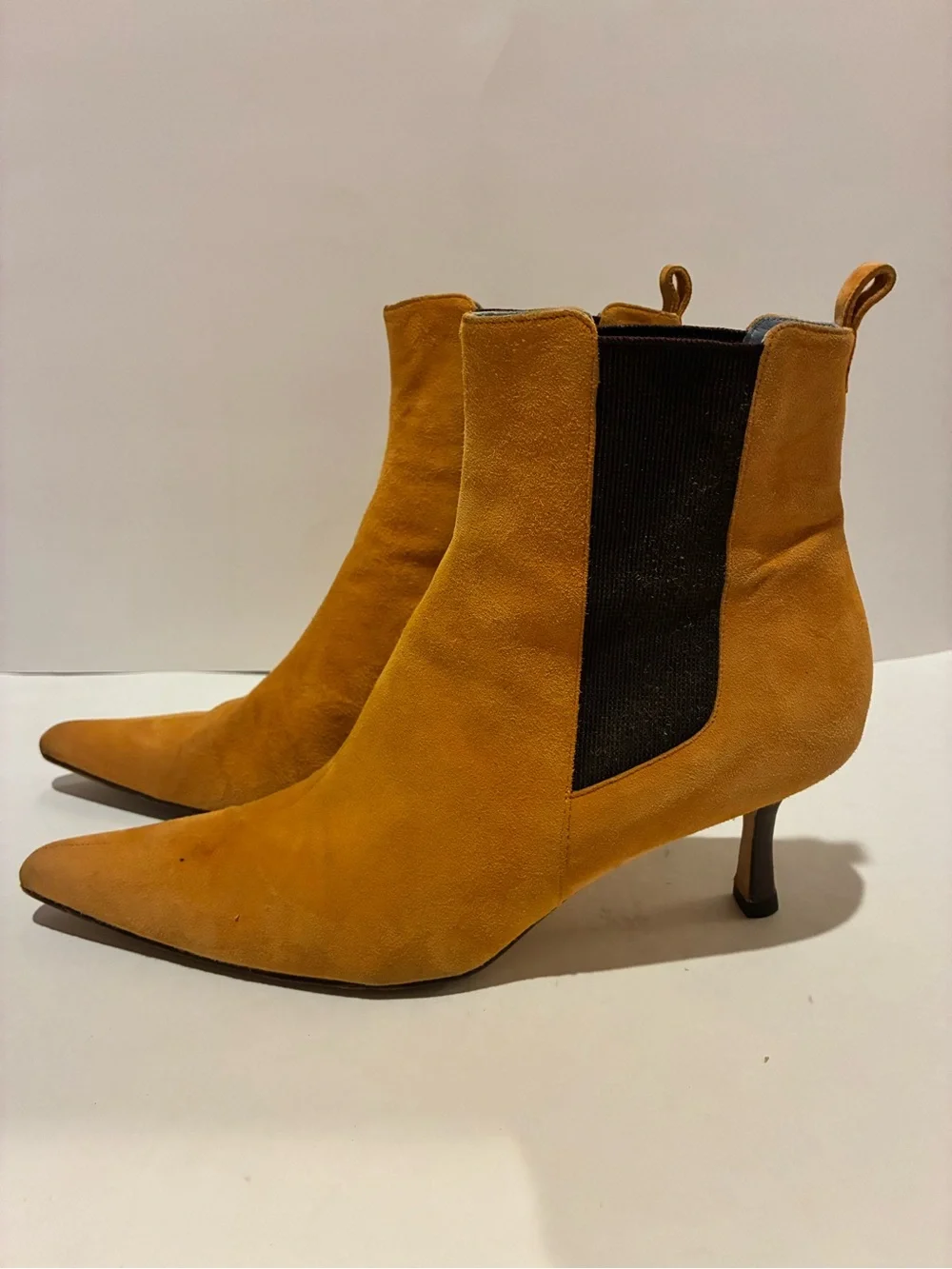 Lambertson Truex  suede pointed toe heeled ankle boots.  Stretch panels. Sz 39